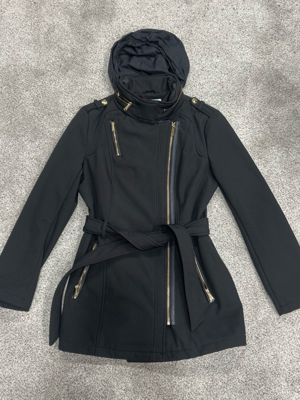 MICHAEL Michael Kors Black Belted Hooded Trench Coat with Gold Hardware